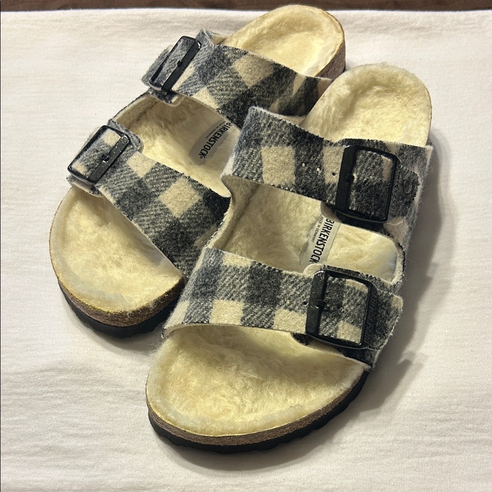 Birkenstock Checkered Shearling Sandals with Buckles